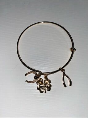Gold Tone Four-Leaf Clover Charm Wishbone Horseshoe Bangle Bracelet